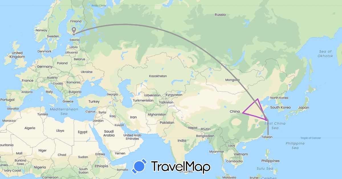 TravelMap itinerary: driving, plane, train in China, Finland, Taiwan (Asia, Europe)